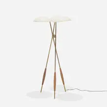 Gerald Thurston, floor lamp, c. 1955, brass, enameled aluminum, walnut