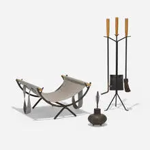 George Nelson & Associates, fireplace set, 1951, enameled steel, ash, horsehair, canvas, oak