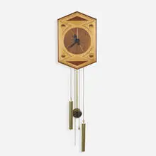 wall clock, model 2243 by George Nelson & Associates, 1957, walnut, cherry, brass, enameled aluminum, sold Feb 2017