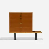 Slat bench, model 4690 with cabinet, model 4933 by George Nelson & Associates, 1952, walnut, birch, lacquered wood, anodized aluminum, sold Feb 2017