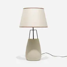 Ben Seibel, table lamp, c. 1955, stoneware, enameled steel, linen