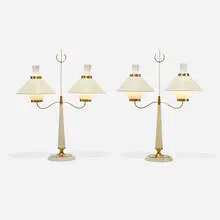 Gerald Thurston, table lamps, pair, c. 1960, enameled brass, enameled steel, enameled aluminum, frosted glass