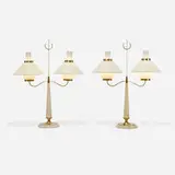 Gerald Thurston, table lamps, pair, c. 1960, enameled brass, enameled steel, enameled aluminum, frosted glass