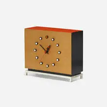 table clock, model 4761 by George Nelson & Associates, c. 1952, birch, lacquered wood, enameled steel, sold Feb 2017