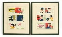 Joan Hickson, Joan Hickson (b.1929) Postman Pat cartoons pen and ink two sheets image size 40 x 32cm (2) .