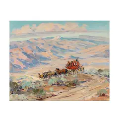 Butterfield Stagecoach by Marjorie Reed, oil on board, offered Jul 2025