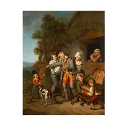Figures at a Cottage Door by Pierre-Alexandre Wille, oil on canvas, relined, offered Jun 2025