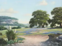 Tom McCLAIN, Framed, oil on canvas painting, Texas Landscape with Live Oak Trees, Yucca, and Wildflowers