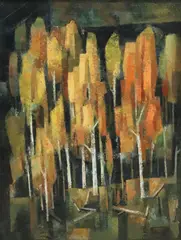 Framed by Keith McIntyre, oil on canvas painting, "Autumn Birches,", offered Jan 2024