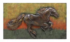 Running Horse by Campo, three-dimensional painted metal relief sculpture, offered Nov 2023