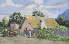 Framed by E.P. McGILL, oil on canvas painting mounted to board, Village Street Scene, offered Oct 2023