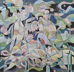 Chen Aikang, Concubines at Rest, mineral pigment painting on paper