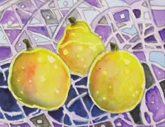 Three Pears by Judy Copeland, watercolor painting on paper, offered Jul 2022