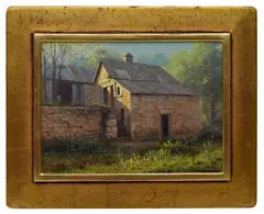 Framed by Kenny McKenna, oil painting on panel, "Stone Bunkhouse", offered Jul 2017