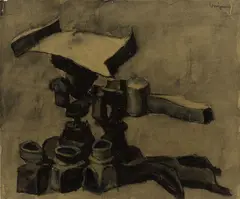 Scales & Jars by Hank Virgona, 1980, Charcoal and watercolor on paper, offered May 2023