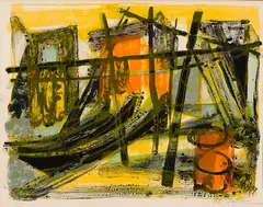 A.E. Sarthiere, A.E. Sarthière Fr. (20th Century) Harbor Abstract Colored, lithograph