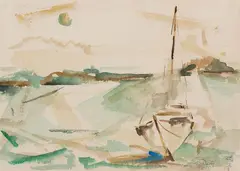 Ted Davis, Anchored Sailboat, Monhegan, 1955, Watercolor on paper