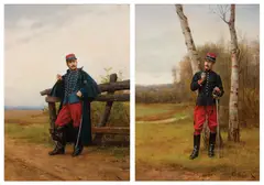 Two Works: 1] French Soldier Looking Right, 19032] French Soldier Looking Left, 19031-2] by Étienne-Prosper Berne-Bellecour, Oil on panel, offered Aug 2022