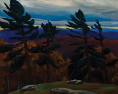 Evergreen Trees by Edith Davol, Oil on canvas, offered Aug 2022