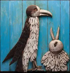 Bernard Langlais, Feeding Time, Mixed media wood assemblage Signature incised l.l