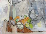 Still Life with Apples, Bottle and Cup by Jean Steubing Maggrett, Mixed media on panel laid to masonite, offered Aug 2022