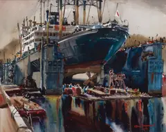 Arthur Beaumont, The Shipyard, 1958, Watercolor on paper