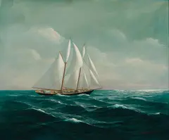 Gloucester Banks Fishing Schooner, Columbia by Robert Lee Perry, Oil on canvas, offered Aug 2022