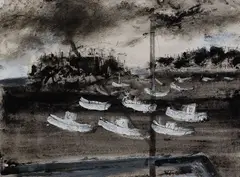 The Moorings by William Thon, Mixed media on paper, offered Aug 2022
