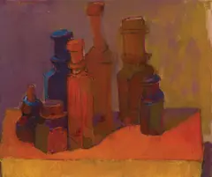 Colorful Bottles and Jars by Hank Virgona, Watercolor and pastel on paper, offered Aug 2022