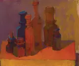 Colorful Bottles and Jars by Hank Virgona, Watercolor and pastel on paper, offered Aug 2022