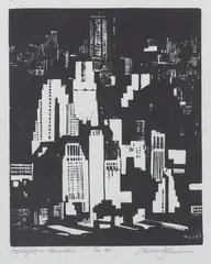 Spotlight on Manhattan by Mark Freeman, 1930, Linocut, offered Mar 2022
