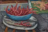 Waldo Peirce, Bowl of Peppers with Nude Figures in Background, 1962, Oil on canvas
