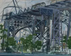Williamsburg Bridge by Robert Solotaire, Oil on masonite, offered Mar 2022
