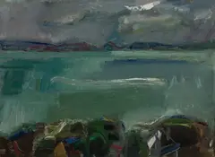Szikra JánosHungarian 1921-2009"Tengerkék Balaton" (Ocean-Blue Lake Balaton) by Szikra János - "Tengerkék Balaton", Oil on masonite, offered Aug 2021