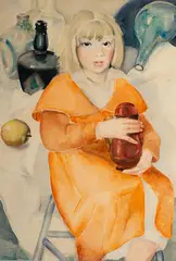 Nell, Am. 1881-1960, Portrait of Girl in Orange Dress by Antonia, Watercolor on paperboard, matted and, offered Feb 2021