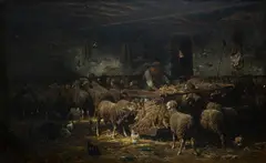 Charles Emile Jacque Fr. 1813-1894 Feeding the Sheep by Charles Jacque, 1848, Oil on canvas, offered Aug 2020