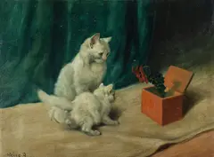 Arthur Heyer, Arthur Heyer Hungarian 1872-1931 Cats and the Jack in the box, Oil on canvas board