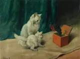 Arthur Heyer, Arthur Heyer Hungarian 1872-1931 Cats and the Jack in the box, Oil on canvas board