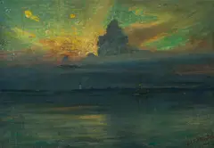 Richard Langtry Partington, Richard Langtry Partington Am. 1868-1929 Seascape with lighthouse, 1901, Oil on canvas laid to panel
