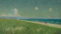 Richard Langtry Partington, Richard Langtry Partington Am. 1868-1929 Beach Scene with Figures, Oil on canvas laid to panel