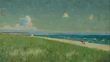 Richard Langtry Partington, Richard Langtry Partington Am. 1868-1929 Beach Scene with Figures, Oil on canvas laid to panel