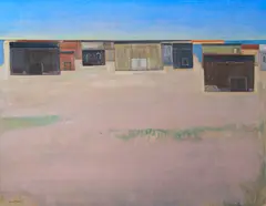 Joseph Gualtieri Am. 1916-2015 "Fishing Village with Smoke Houses" by Joseph Gualtieri, Oil on canvas, offered Aug 2020