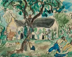 Alzira Peirce (Am. 1908-2010) Group Lot: 1] "Scythe and Axe" 1930 2] Country Side Home, 1931 3] A Village Church Scene by Waldo Peirce, 1930, Watercolor on paper, offered Aug 2020
