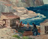 George Pearse Ennis Am. 1884-1936 "Mending Boats" by George Pearse Ennis, Watercolor on paper, offered Aug 2020