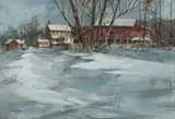 Winter Farm Scene by Betty Lou Schlemm, Watercolor on very thick paper, offered Aug 2020