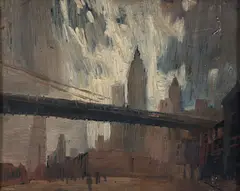 Looking Towards the Battery - Lower Manhattan with Manhattan Bridge and The Woolworth Building by Lubomir Sapnoff, 1957, oil on board, offered Aug 2026