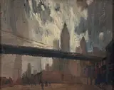 Lubomir Sapnoff, Looking Towards the Battery - Lower Manhattan with Manhattan Bridge and The Woolworth Building, 1957, oil on board