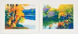 Tadashi Asoma, Woodland lake Scene, circa 1994, with Fall By The Lakeside, 1994, lithographs printed in colors, 16 x 19.75 inches, each