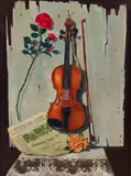 Hannah Hirsch Cohen, Violin with Red and Yellow Rose, (Hungarian Dance No.7), 1986, acrylic on canvas