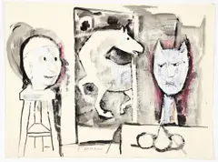 Emanuel Glicen Romano, Two Figures with Horse, undated, mixed media with watercolor, gouache, and pencil on paper